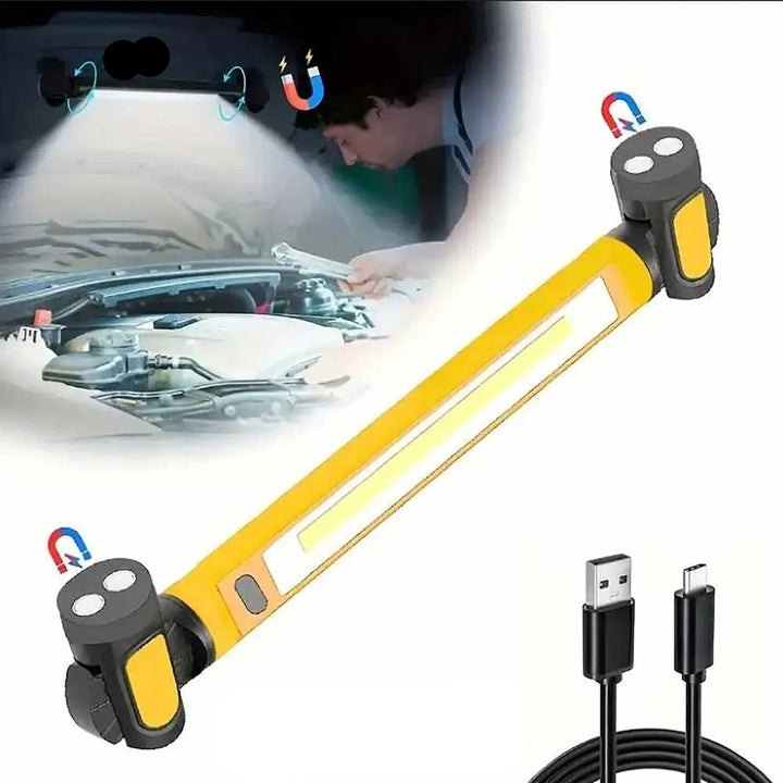 Rechargeable LED work light with magnetic base and adjustable modes, shown with sleek design and portable construction.