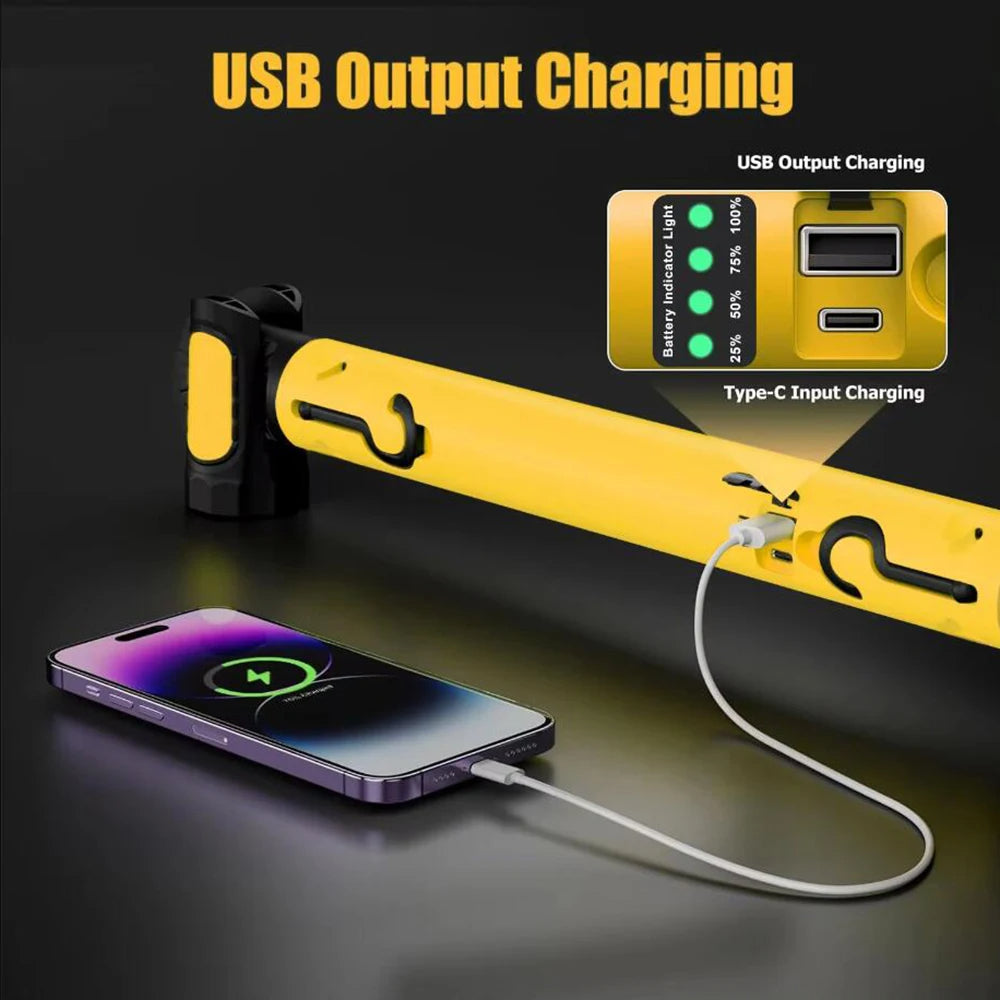 Rechargeable LED work light with magnetic base and adjustable modes, shown with sleek design and portable construction.