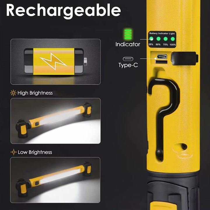 Rechargeable LED work light with magnetic base and adjustable modes, shown with sleek design and portable construction.