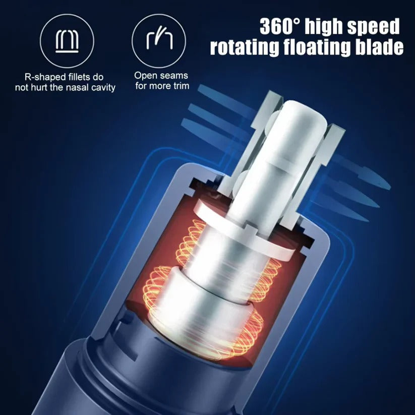Rechargeable men's and women's nose & ear hair trimmer, sleek design, dual-edge blades, cordless, USB charging, black color.