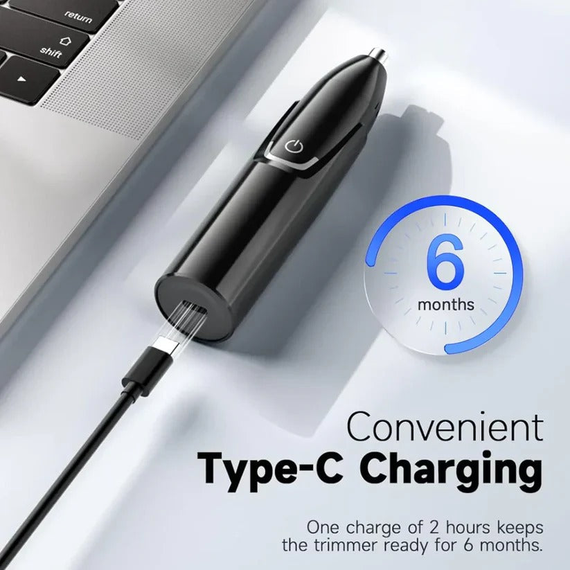 Rechargeable men's and women's nose & ear hair trimmer, sleek design, dual-edge blades, cordless, USB charging, black color.