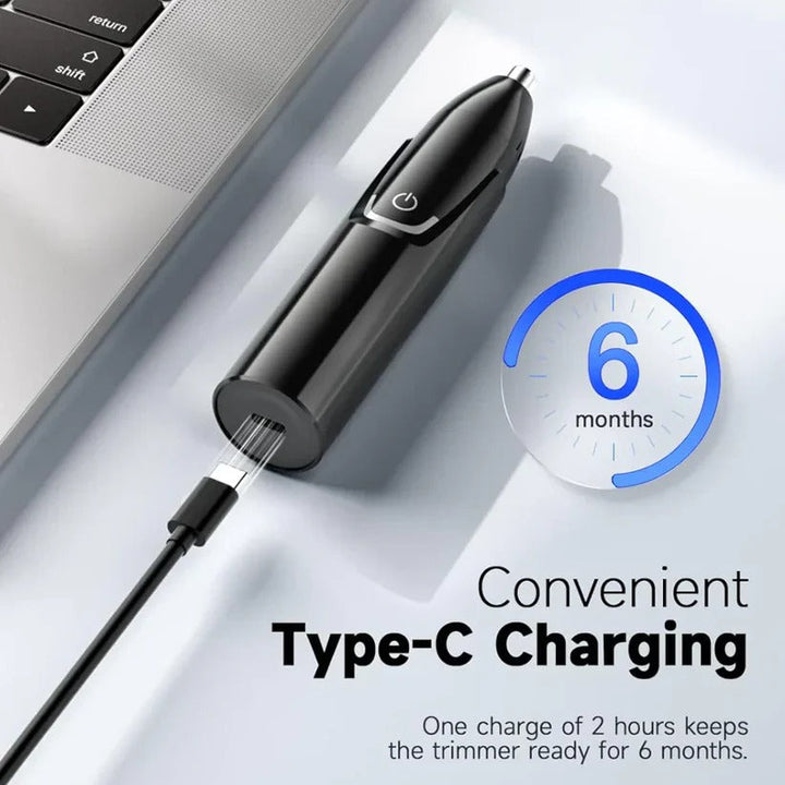 Rechargeable men's and women's nose & ear hair trimmer, sleek design, dual-edge blades, cordless, USB charging, black color.