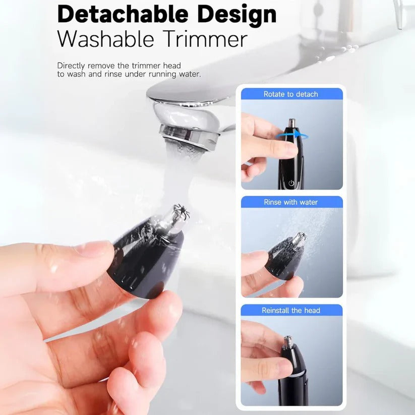 Rechargeable men's and women's nose & ear hair trimmer, sleek design, dual-edge blades, cordless, USB charging, black color.