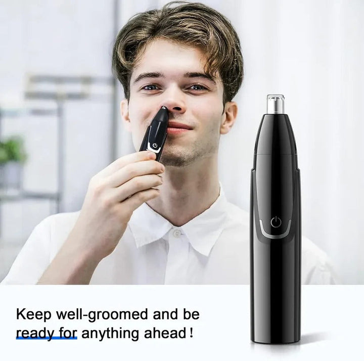 Rechargeable men's and women's nose & ear hair trimmer, sleek design, dual-edge blades, cordless, USB charging, black color.