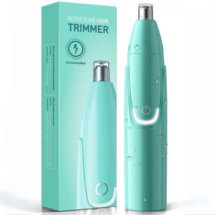 Rechargeable men's and women's nose & ear hair trimmer, sleek design, dual-edge blades, cordless, USB charging, black color.