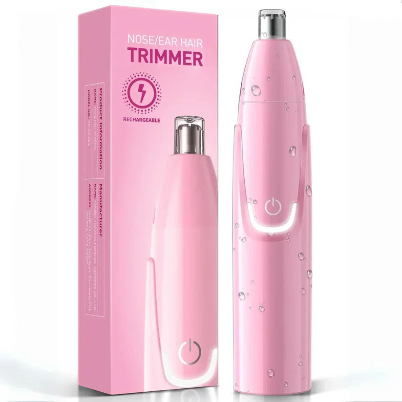 Rechargeable men's and women's nose & ear hair trimmer, sleek design, dual-edge blades, cordless, USB charging, black color.