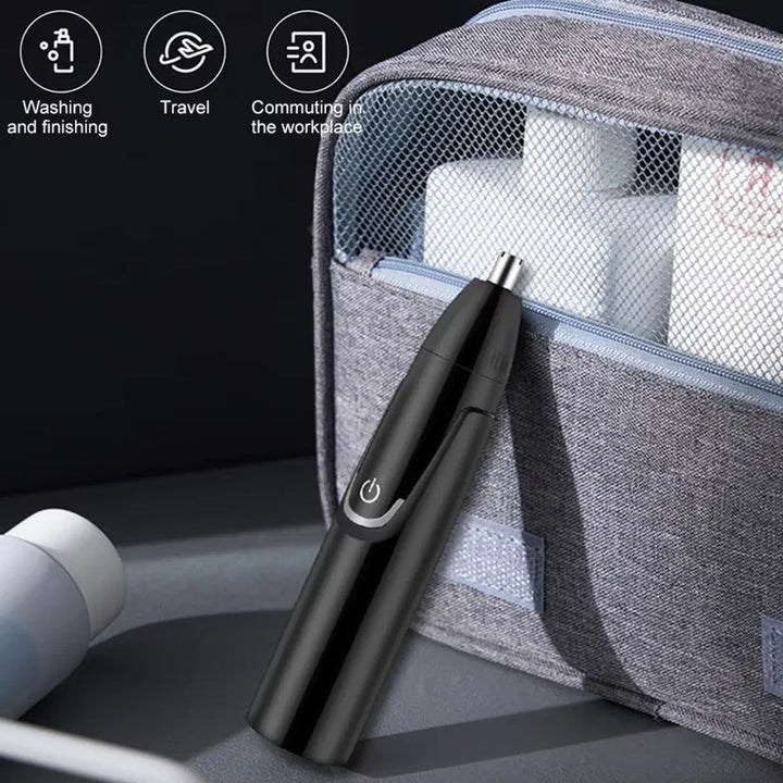Rechargeable men's and women's nose & ear hair trimmer, sleek design, dual-edge blades, cordless, USB charging, black color.