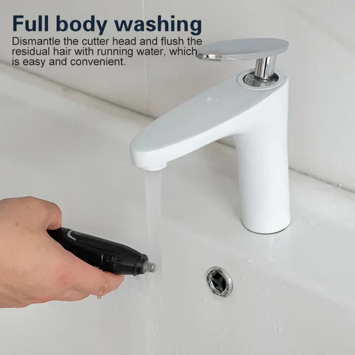 Rechargeable men's and women's nose & ear hair trimmer, sleek design, dual-edge blades, cordless, USB charging, black color.