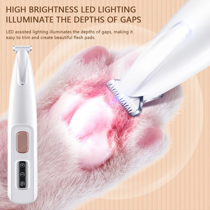 Rechargeable pet hair trimmer for paws and ears with ergonomic design, LED light, and low-noise operation, ideal for grooming