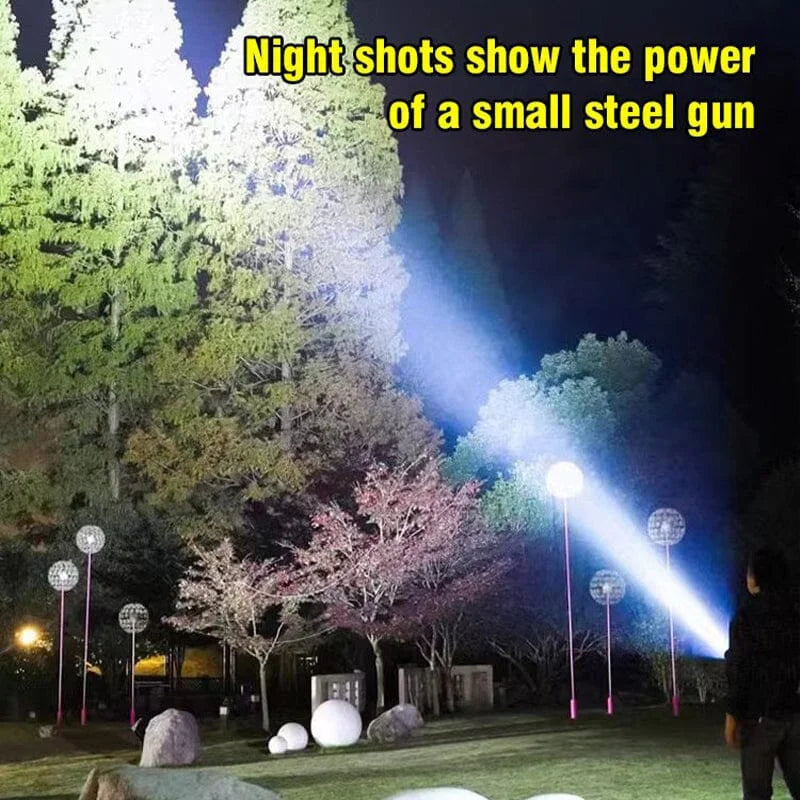 Rechargeable, waterproof LED flashlight; compact design, black or silver, with five light modes, fits in pocket or bag.