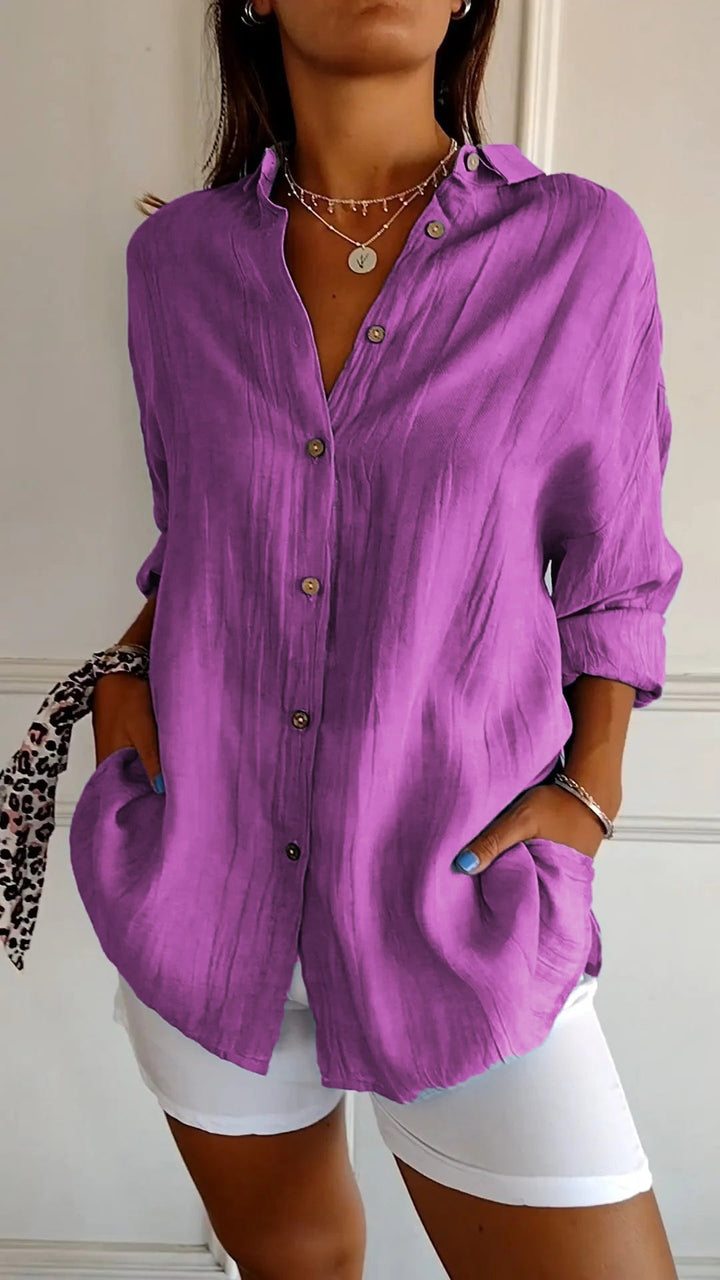 Oversized long sleeve women's shirt, casual button-down top for everyday comfort.