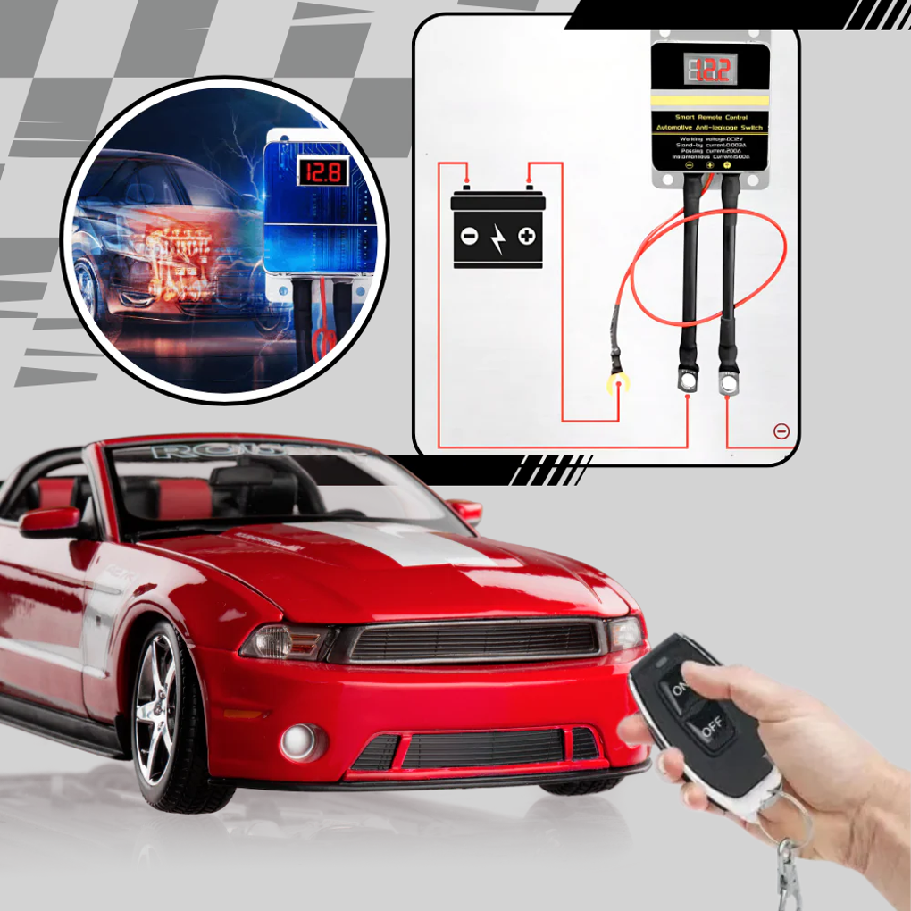 Vehicle security remote disconnect. Wireless car battery cutoff switch for anti-theft protection.