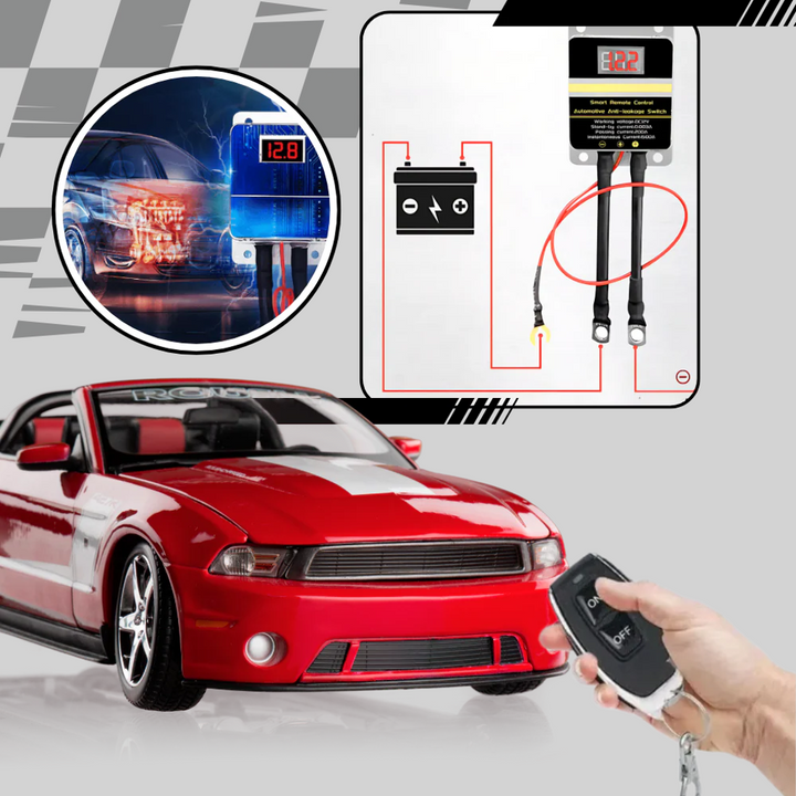 Vehicle security remote disconnect. Wireless car battery cutoff switch for anti-theft protection.