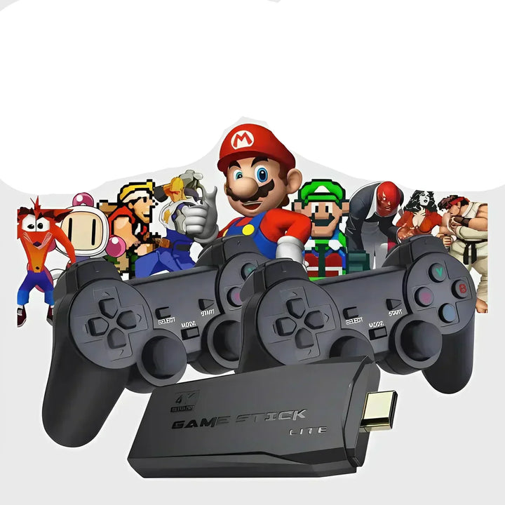 Retro Gaming Console 64GB with 2 wireless controllers, 20,000+ classic games, perfect for multiplayer fun.