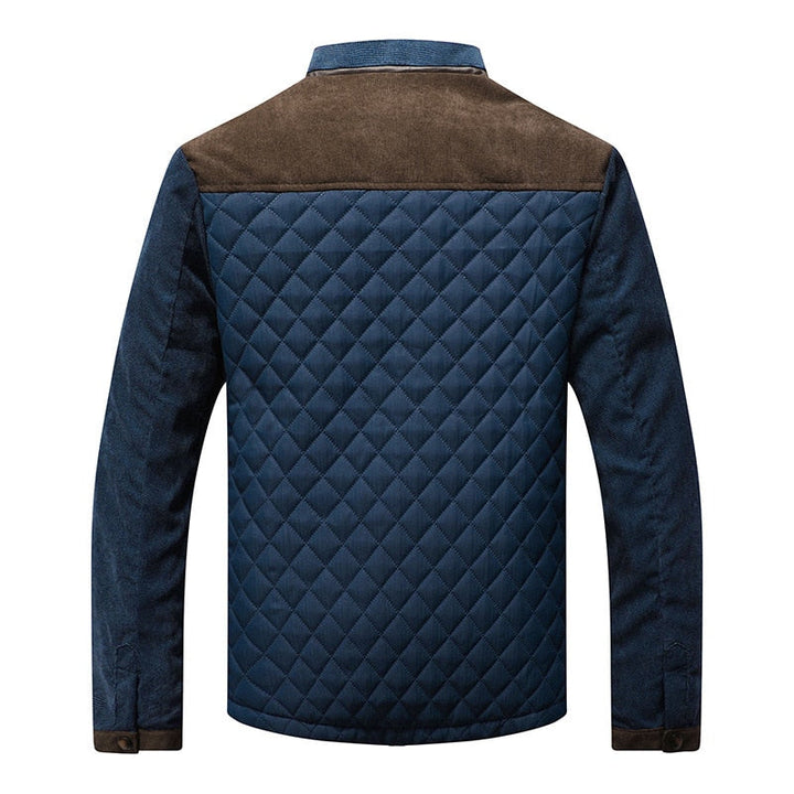 Men's retro style windbreaker jacket with a protective stand-up collar and unique patchwork details.