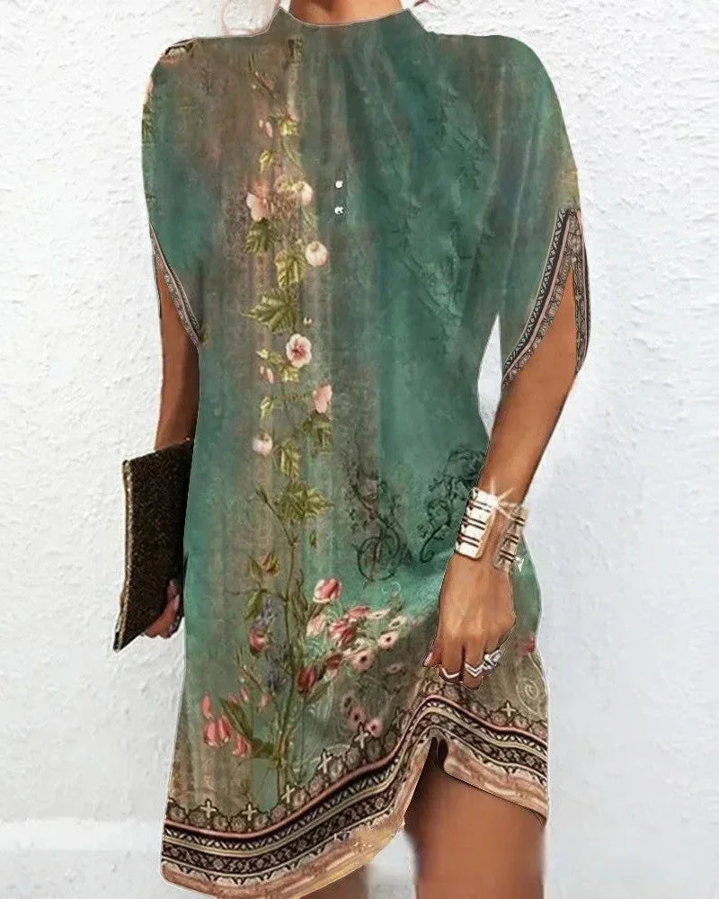 Women's casual yet elegant mock neck mini dress, featuring eye-catching cape sleeves.
