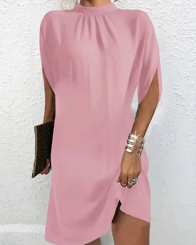Sophisticated women's mock neck mini dress with elegant cape sleeves, a versatile choice.