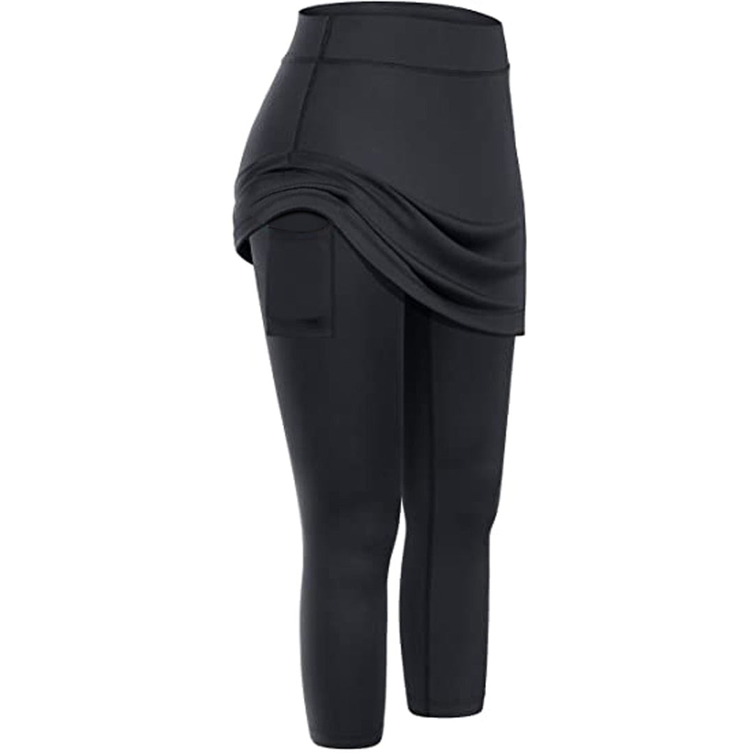 Chic casual wear: women's black skirted leggings with versatile pocket storage.