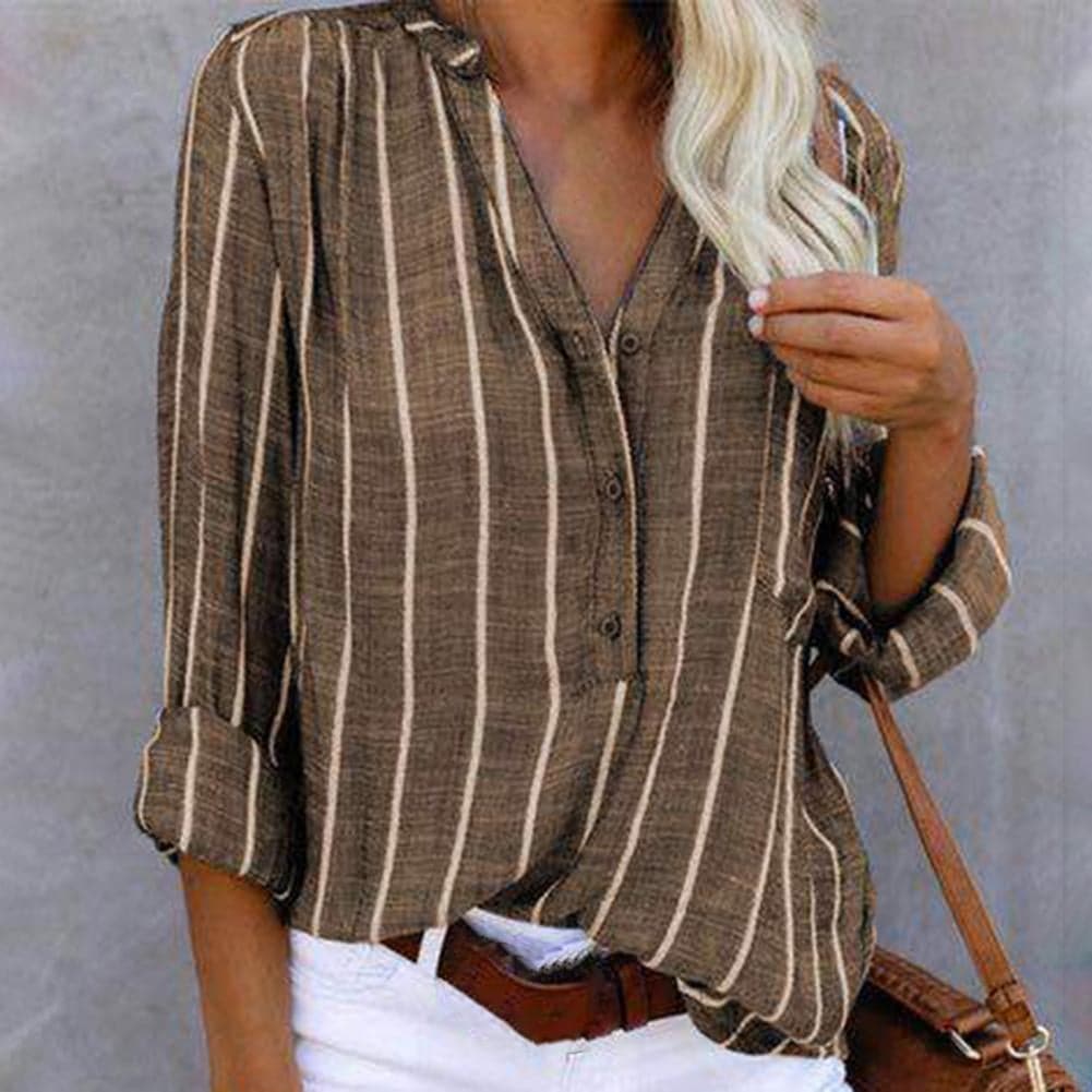 Women's striped V-neck blouse with roll tab long sleeves. Stylish & comfortable for everyday casual wear.