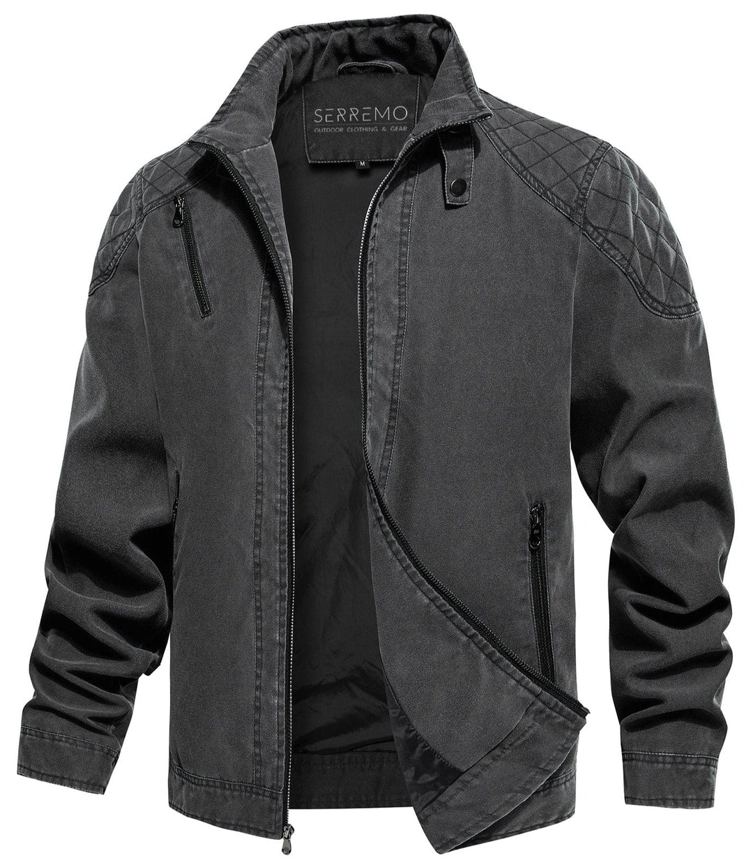 Rugged men's charcoal canvas jacket, ideal for casual wear, front view with zipper closure.