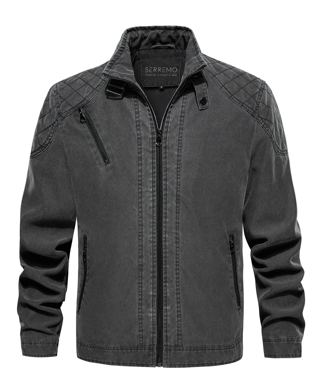 Men's durable canvas jacket in charcoal, featuring a stand-up collar, perfect for outerwear.
