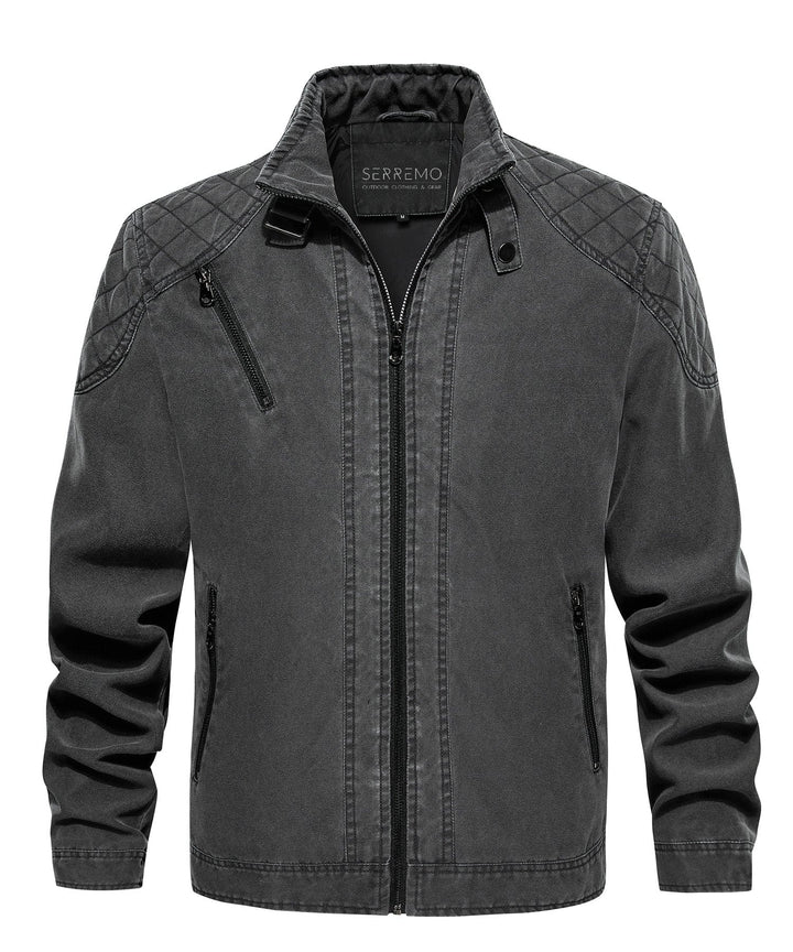 Men's durable canvas jacket in charcoal, featuring a stand-up collar, perfect for outerwear.