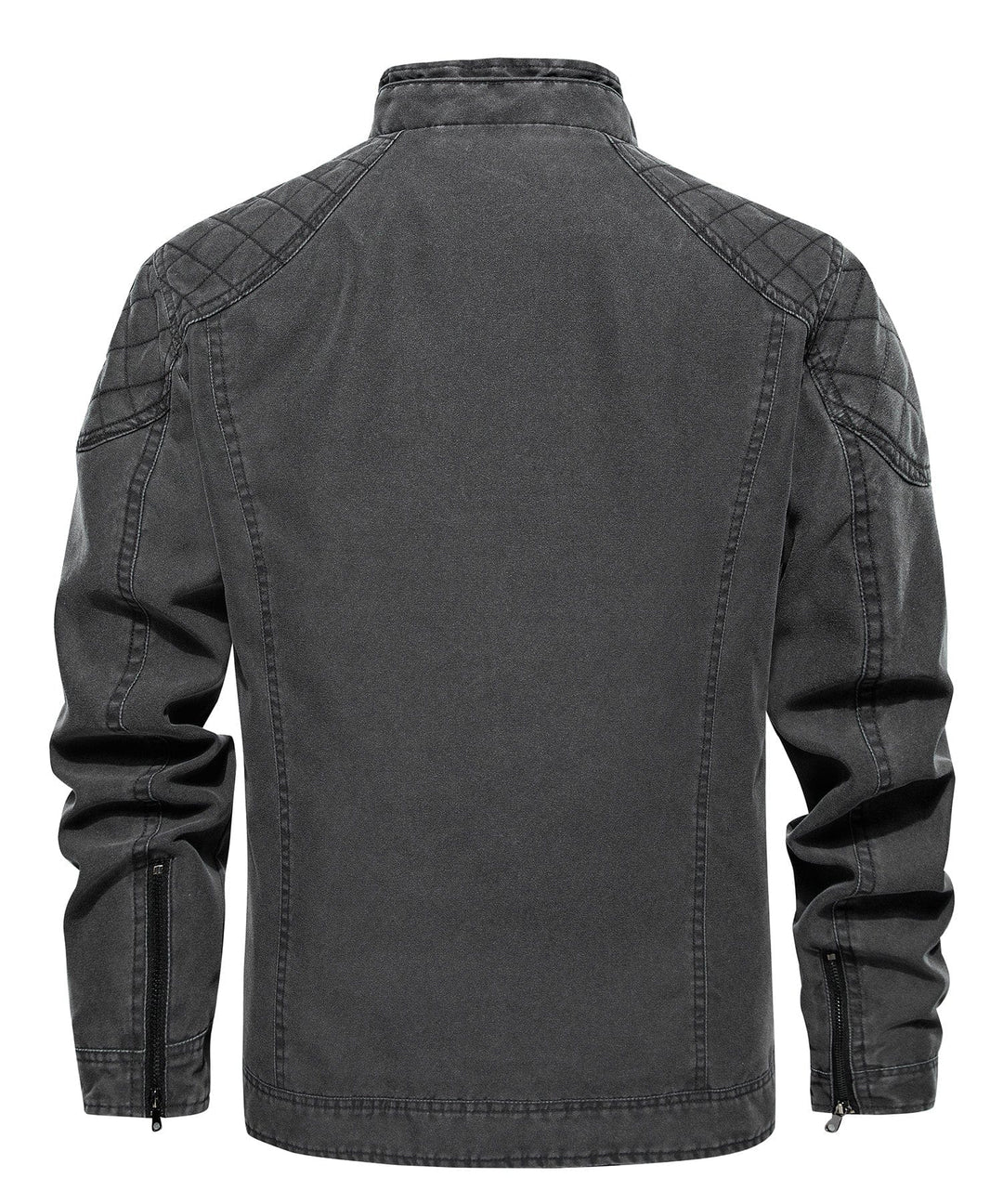 Close-up of the rugged canvas texture on a men's charcoal jacket, highlighting fabric quality.