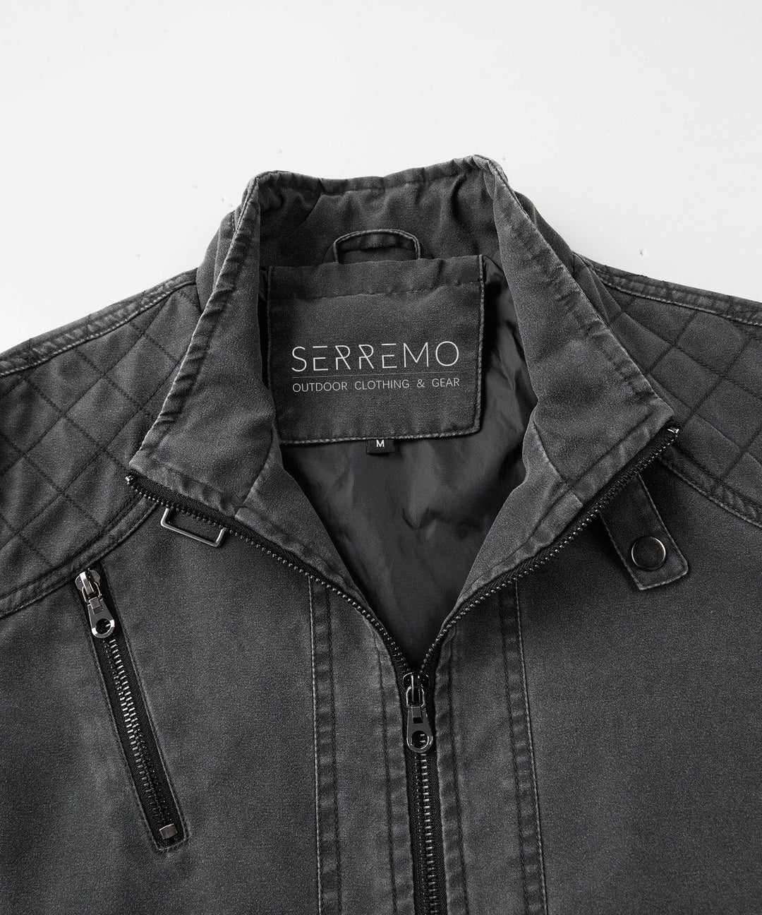 Men's charcoal canvas jacket, back view, showcasing robust construction and casual style.