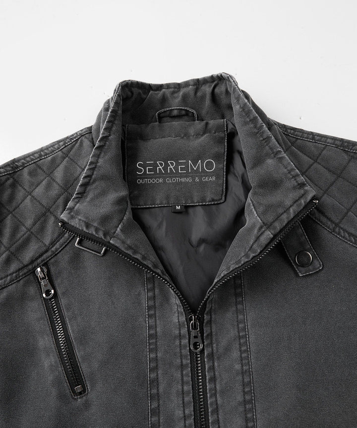 Men's charcoal canvas jacket, back view, showcasing robust construction and casual style.