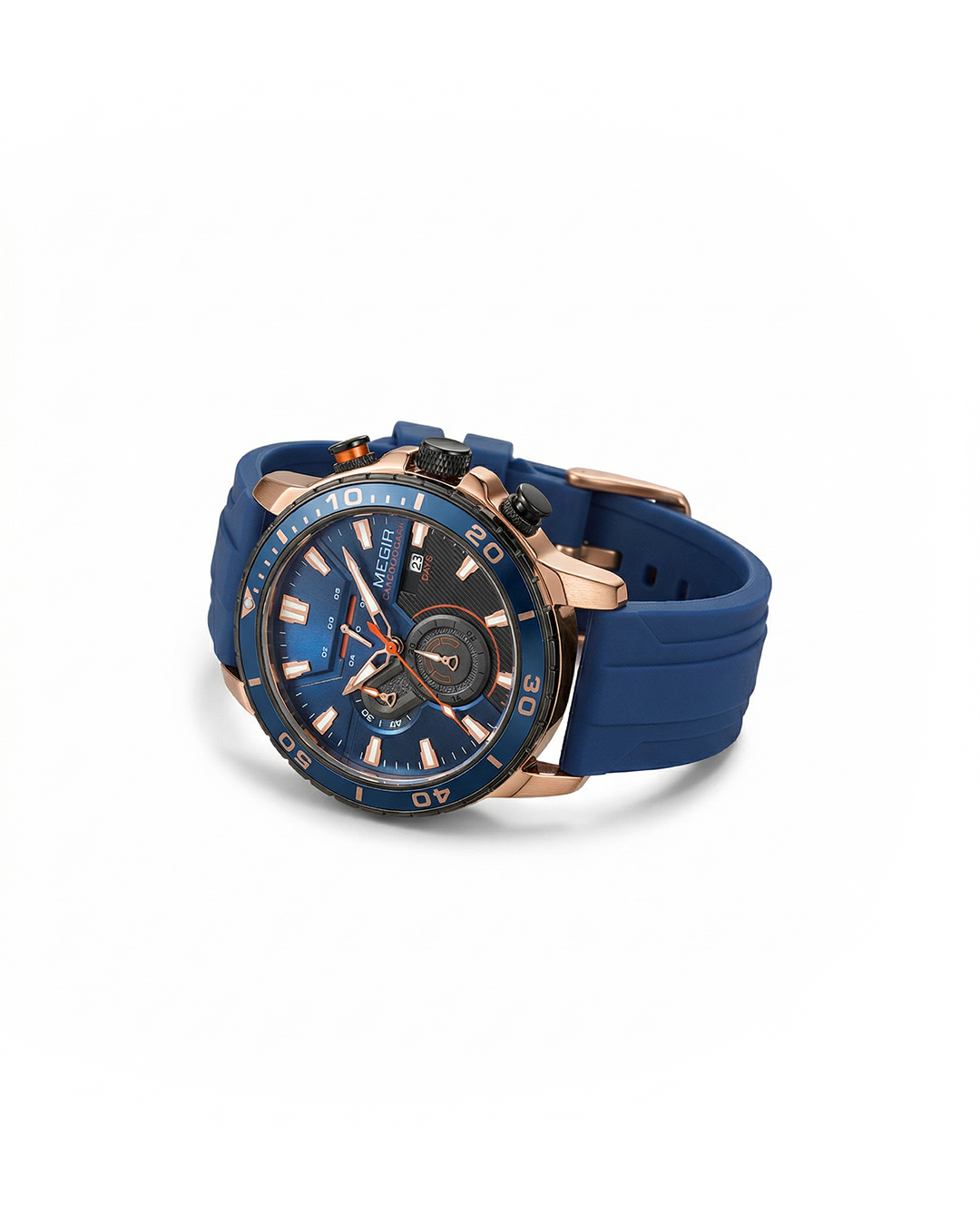 Rugged men's chronograph sport watch with a black dial and silicone band, ideal for outdoor adventures.