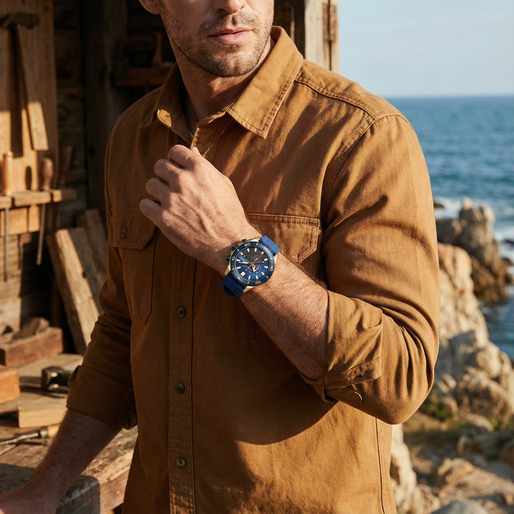 Close-up of a men's chronograph sport watch, highlighting its rugged design and textured silicone band.