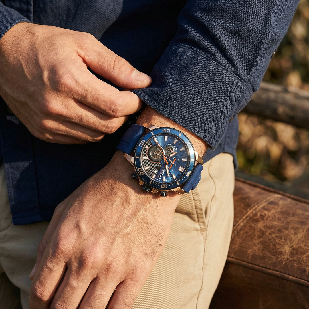 Men's outdoor sport watch, a durable chronograph timepiece with a black dial and tough silicone wrist band.