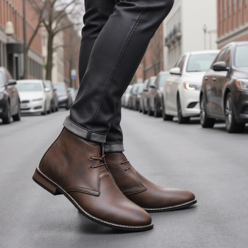 Rear view of rugged men's dark brown leather ankle boots, subtle branding, classic design
