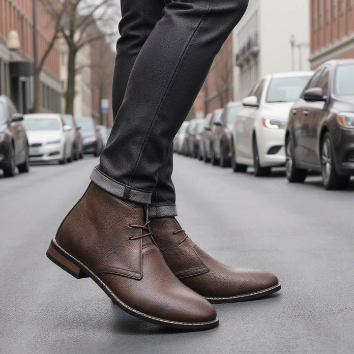 Rear view of rugged men's dark brown leather ankle boots, subtle branding, classic design