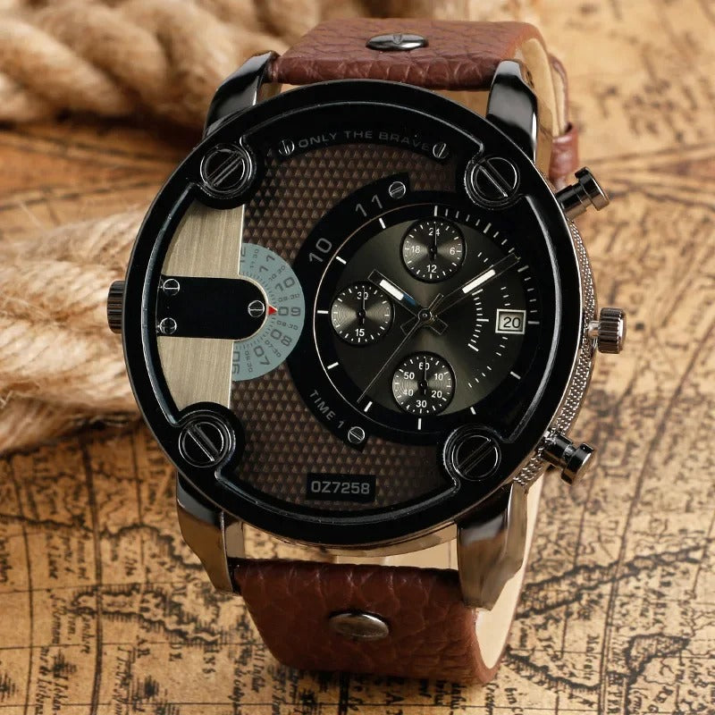 Close-up of a rugged men's chronograph watch, showcasing its dual time function and durable black casing.
