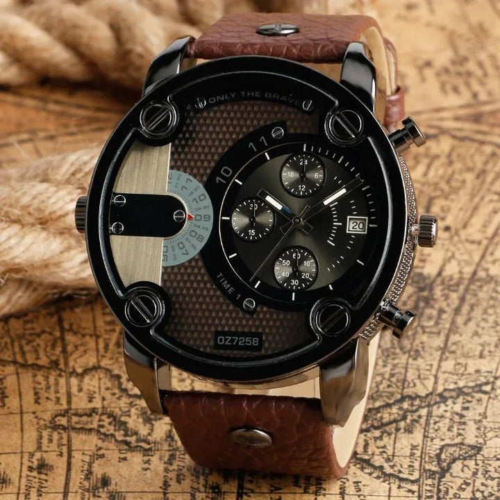 Close-up of a rugged men's chronograph watch, showcasing its dual time function and durable black casing.