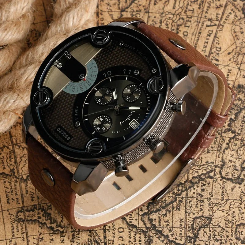 Men's accessory: Rugged dual time watch with a detailed black face, luminous hands, and brown leather strap.