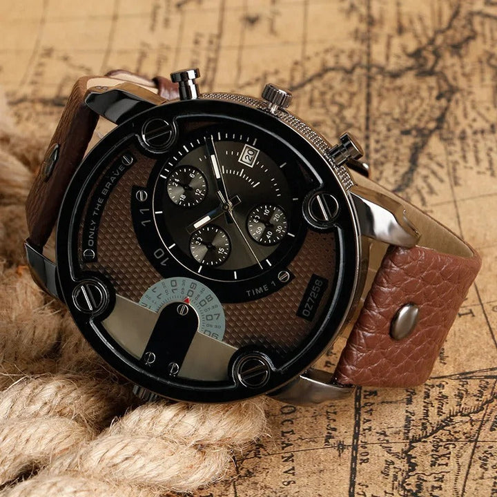 Side view of a rugged men's dual time watch, highlighting its robust design and high-quality leather strap.