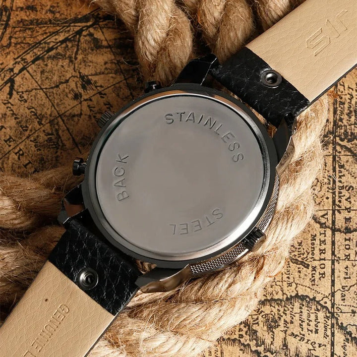 Casual men's watch: A rugged dual time chronograph with a dark brown leather strap and black dial.