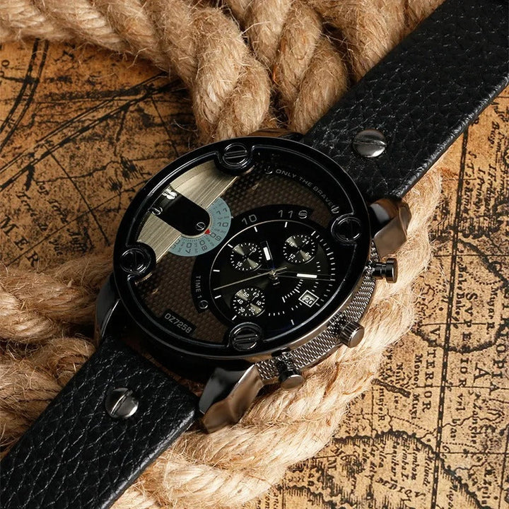 Overhead shot of a rugged men's dual time chronograph watch, emphasizing its intricate dial and leather band.