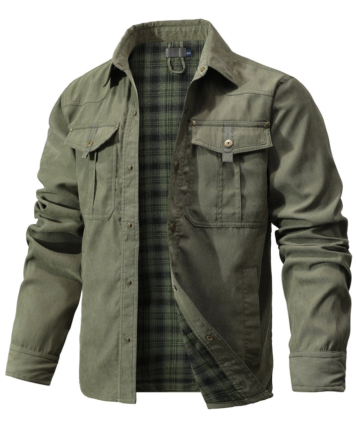 Outdoor jacket for men, showing its rugged construction and comfortable flannel lining