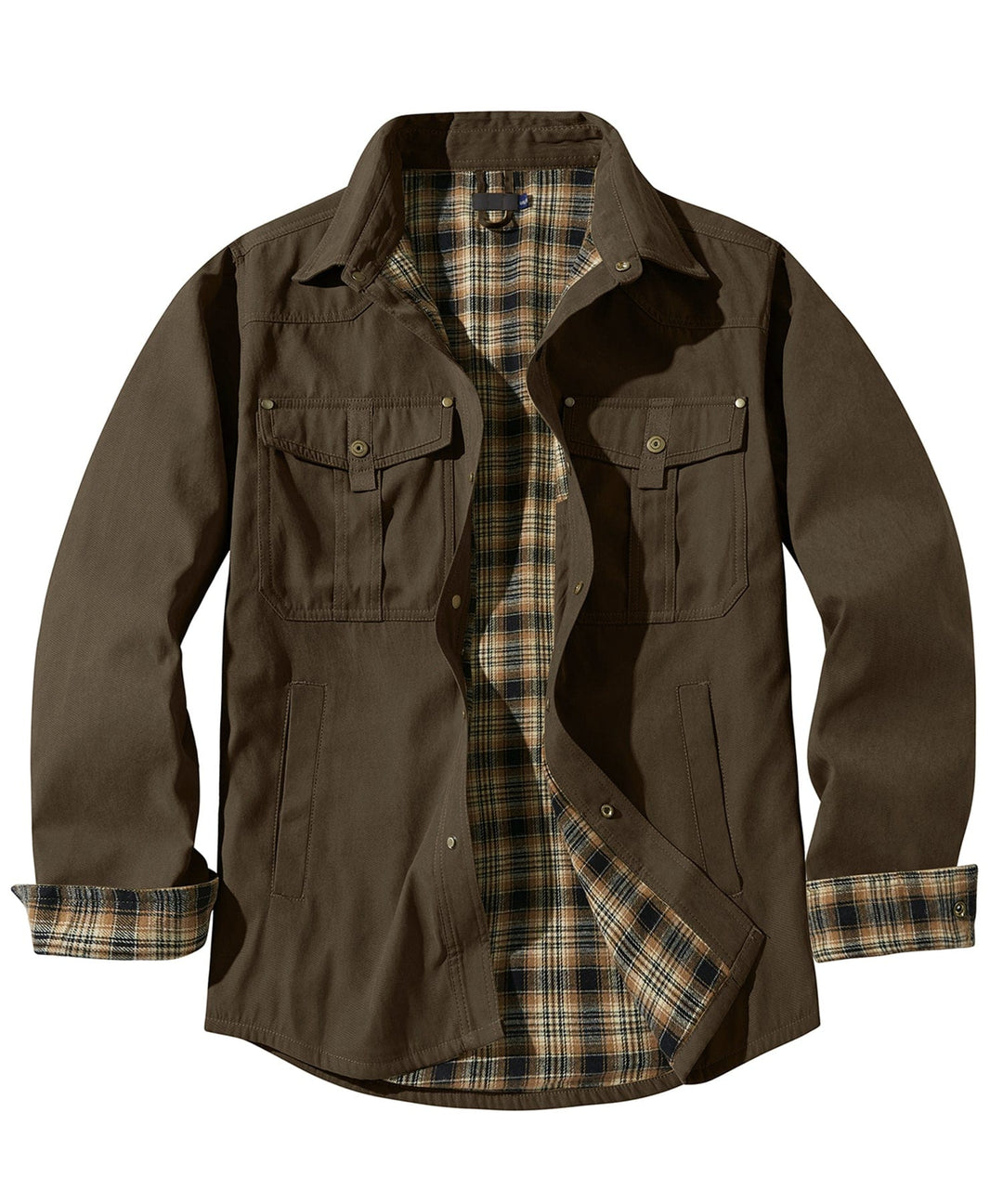 Close-up of the collar on a men's flannel-lined utility jacket, outdoor gear