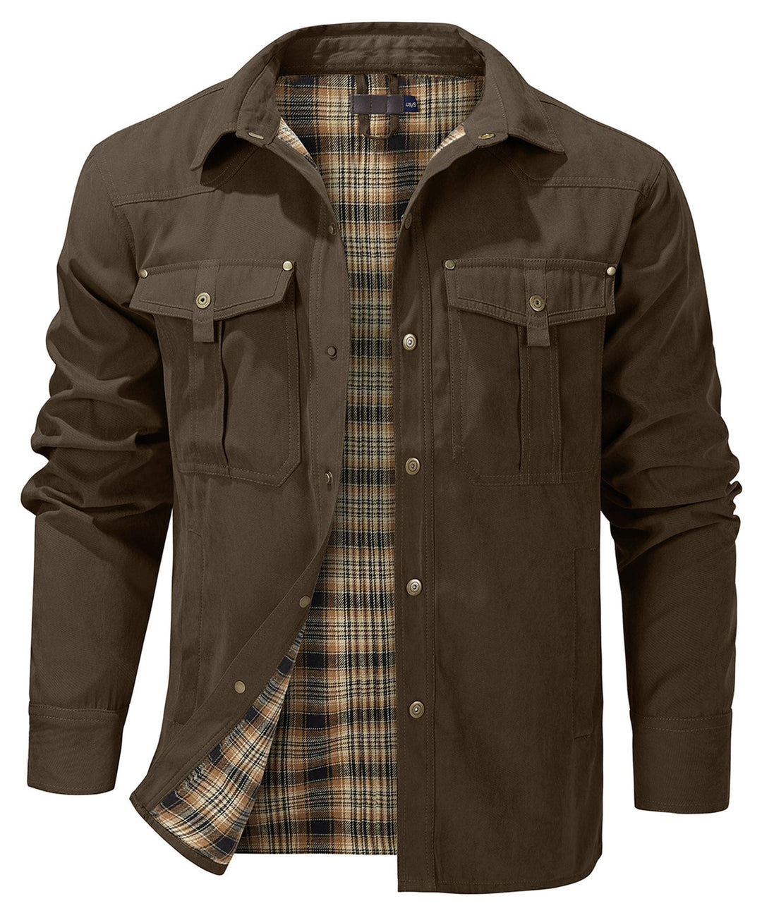 Close-up of the flannel lining inside a men's multi-season utility jacket