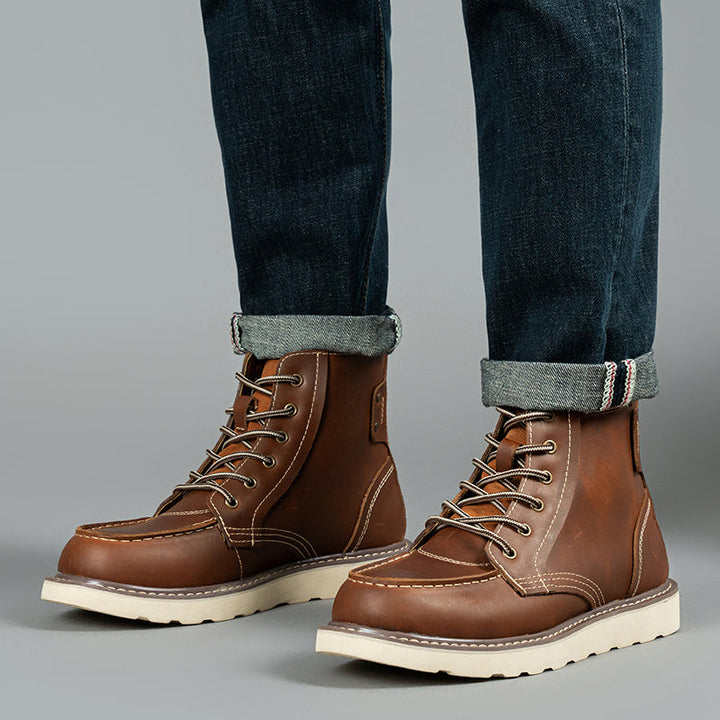 Laces tied on a black men's waterproof chukka boot, emphasizing secure and rugged fit
