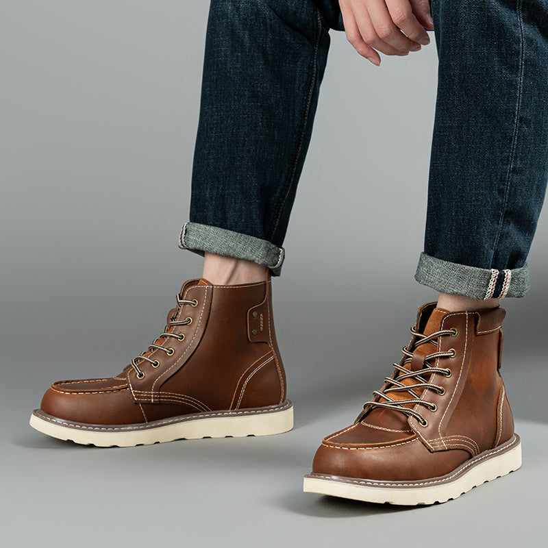 Front view of brown rugged chukka boots for men, highlighting waterproof and casual features