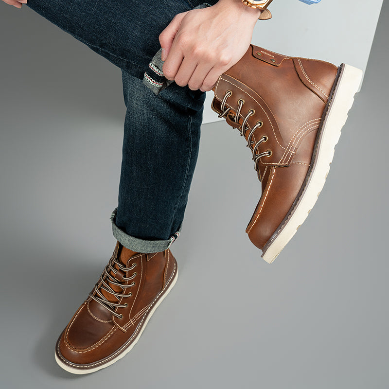 Three-quarters view of a brown men's waterproof chukka boot, ideal for casual and durable wear
