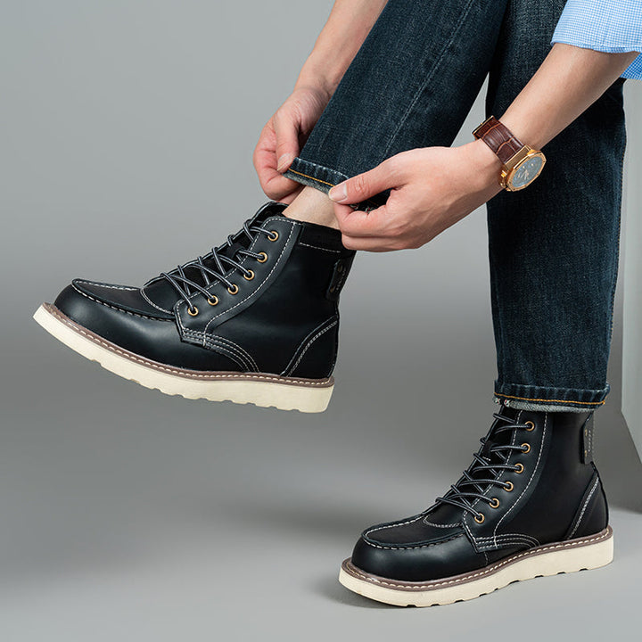 Black waterproof men's chukka boots from an elevated angle, highlighting their robust construction