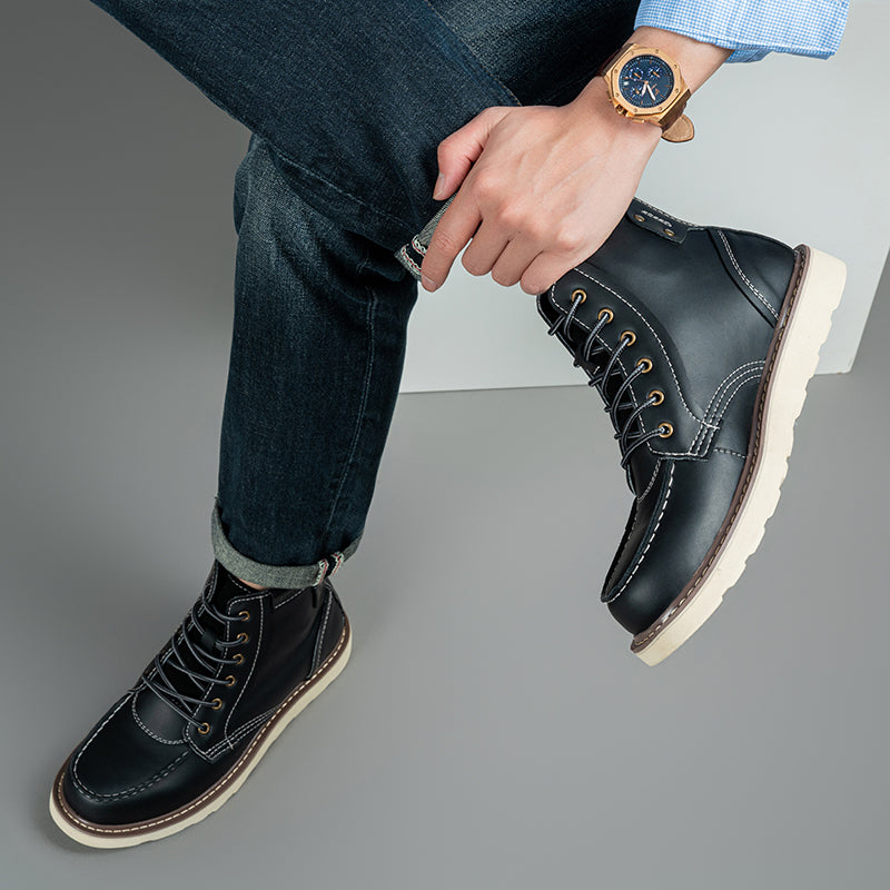 Lifestyle image of men's brown waterproof chukka boots in an urban casual setting