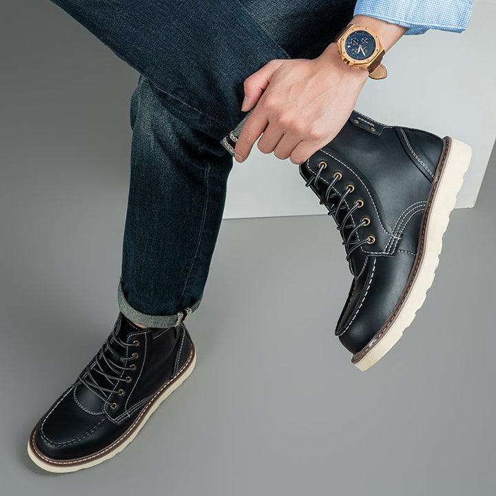 Lifestyle image of men's brown waterproof chukka boots in an urban casual setting