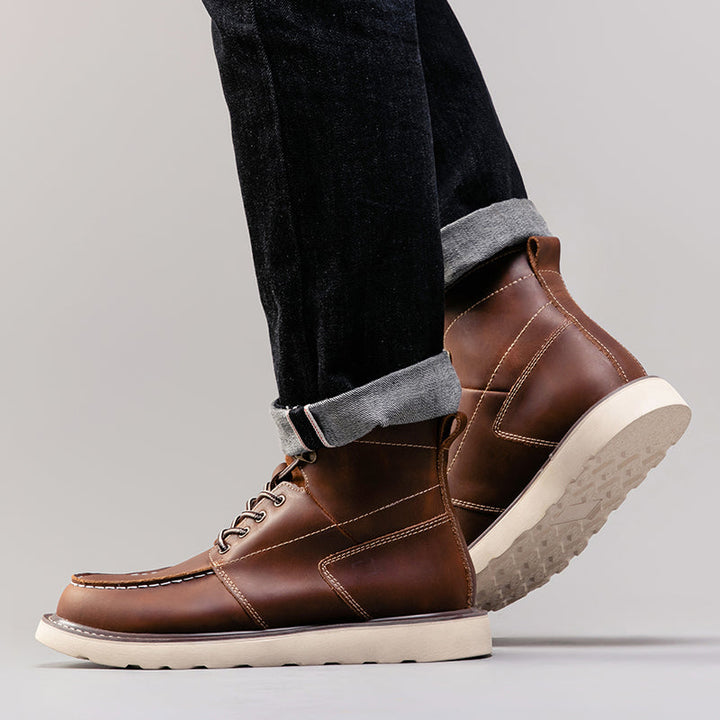Men's brown waterproof chukka boots arranged neatly, ready for a stylish casual outing